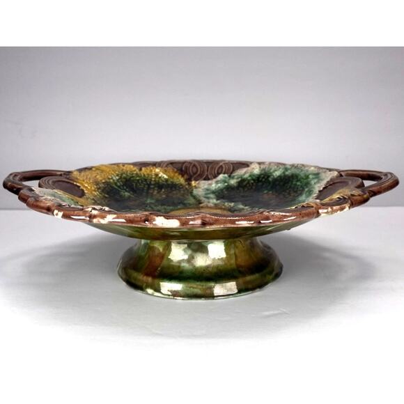 Rare Late 1800s Majolica Begonia Leaf Footed Compote w/Handles - Antique Display - Picture 2 of 7